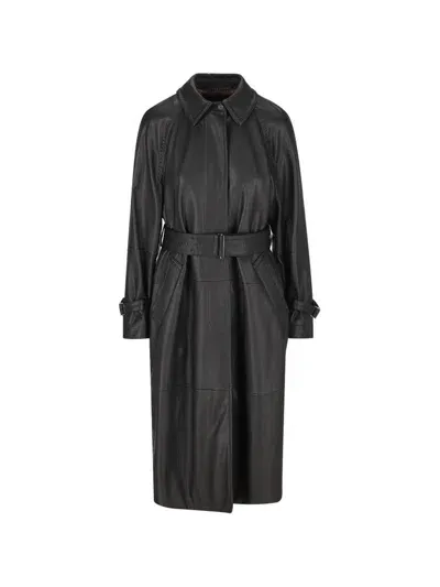 Max Mara Bellico Belted Leather Trench Coat In Black