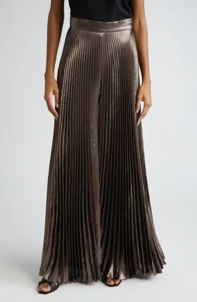 Max Mara Panteon Pleated Metallic Wide-leg Pants In Bronze