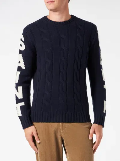 Mc2 Saint Barth Man Heavyweight Creweneck Braided Blue Sweater