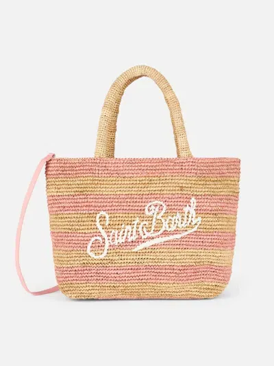 Mc2 Saint Barth Pink Striped Raffia Beach Midi Bag With Cotton Pouch In Brown