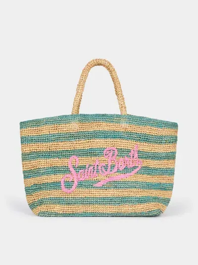 Mc2 Saint Barth Turquoise Striped Raffia Beach Bag With Cotton Pouch In Green