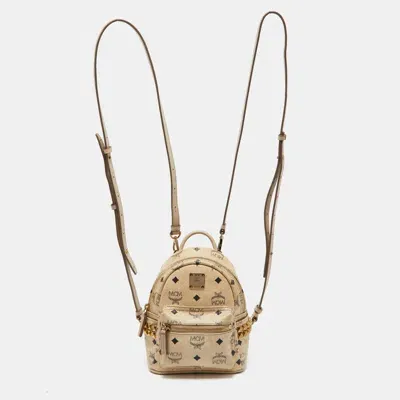 Pre-owned Mcm Beige Visetos Coated Canvas And Leather Mini Studded Stark-bebe Boo Backpack