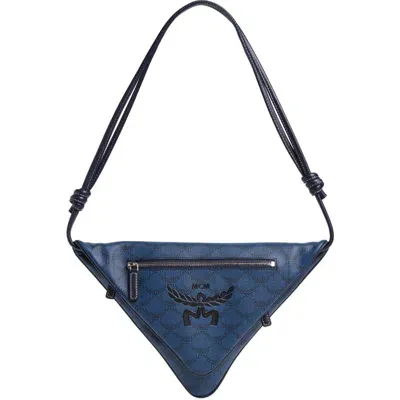 Mcm Lauretos Coated Canvas Flat Pouch Shoulder Bag In Blue