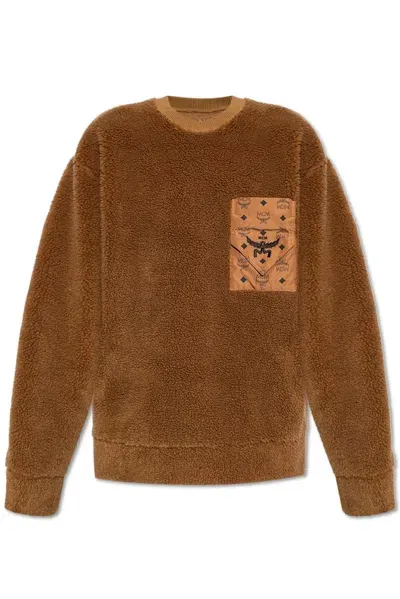 Mcm Logo Embroidered Fleece Jumper In Brown