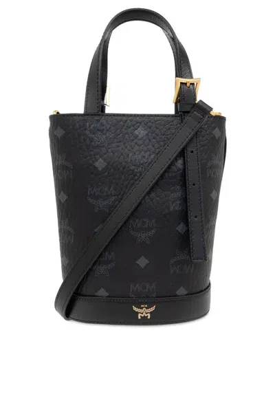 Mcm Logo Printed Shoulder Bag In Black