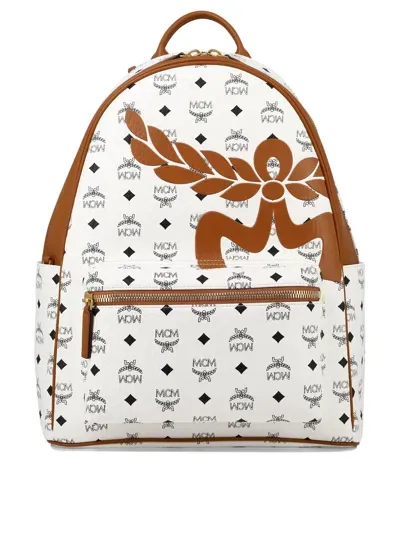 Mcm Medium Stark Mega Laurel Visetos Zipped Backpack In White