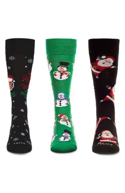 Memoi Assorted 3-pack Christmas Crew Socks In Black/black