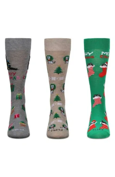 Memoi Assorted 3-pack Christmas Crew Socks In Black/nude