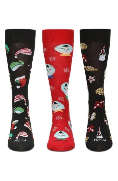 Memoi Assorted 3-pack Christmas Socks In Black/red