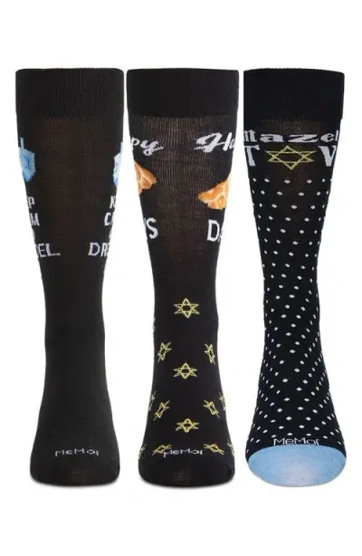 Memoi Assorted 3-pack Hannukah Crew Socks In Black