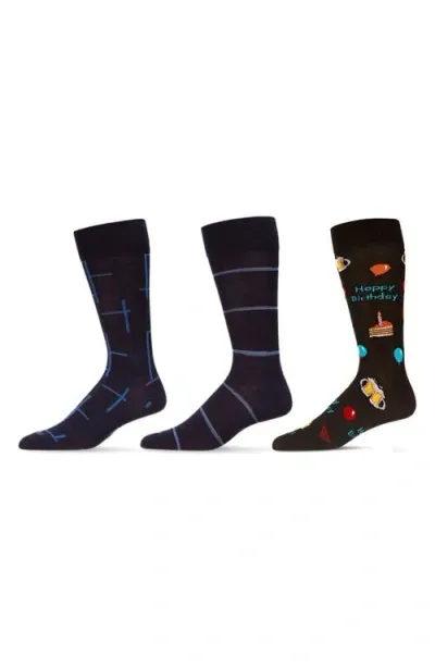 Memoi Happy Birthday Assorted 3-pack Crew Socks In Black-black