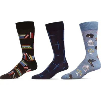 Memoi Professions Assorted 3-pack Crew Socks In Black-black Multi