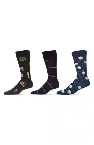 Memoi Sports Assorted 3-pack Crew Socks In Black