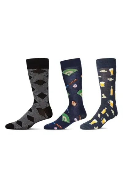 Memoi Sports Assorted 3-pack Crew Socks In Black-blue