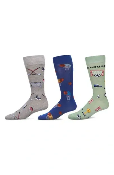 Memoi Sports Assorted 3-pack Crew Socks In Green Multi