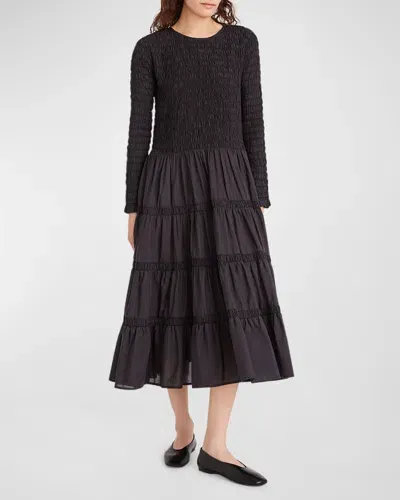 Merlette Vivien Smocked Cotton-silk Midi Dress In Black