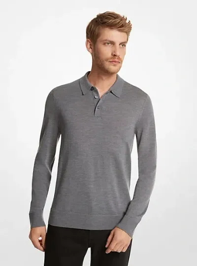 Michael Kors Merino Wool Regular Fit Long Sleeve Polo Shirt In Ash Melange