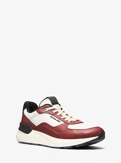 Michael Kors Trevor Leather And Stretch Knit Trainer In Red