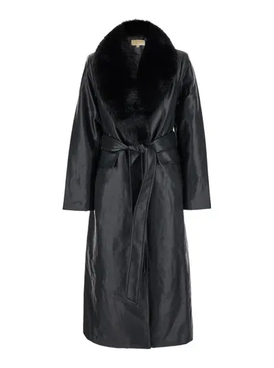 Michael Michael Kors Faux Leather Robe Coat W Fx Fur Collar In Black