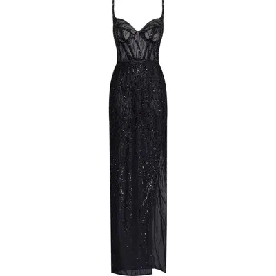 Milla Astonishing Sequined Maxi Gown On Spaghetti Straps In Black