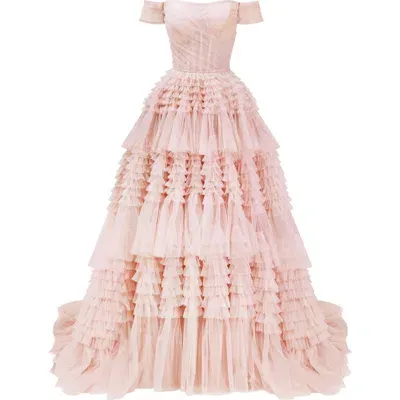 Milla Misty Rose Off-the-shoulder Frill-layered Gown