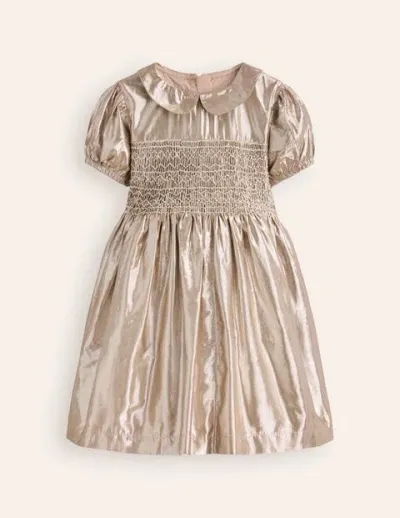 Mini Boden Kids' Metallic Smocked Party Dress Gold Girls Boden