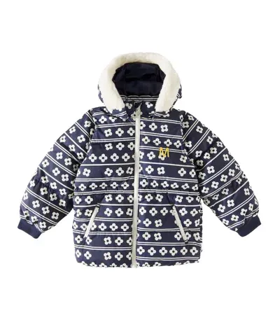 Mini Rodini Kids' Flowers Faux Fur-trimmed Puffer Jacket In Blue