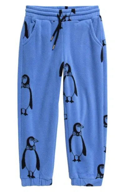 Mini Rodini Kids' Penguin Print Polar Fleece Sweatpants In Blue