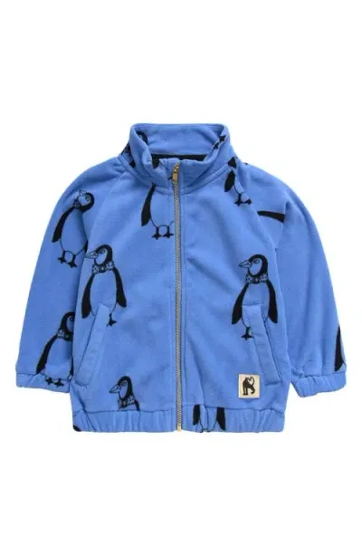 Mini Rodini Kids' Penguin Print Polar Fleece Zip-up Jacket In Blue