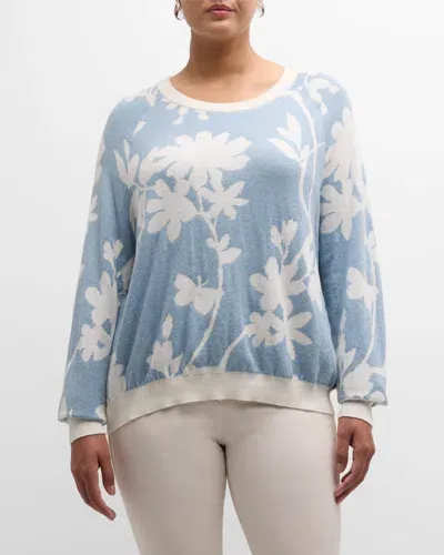 Minnie Rose Cotton Cashmere Long Sleeve Reversible Floral Crewneck Sweater In Fresco Blue/starch