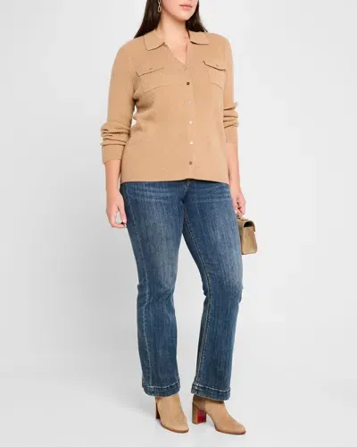 Minnie Rose Plus Size Ribbed Cashmere Button-down Shirt In Camel