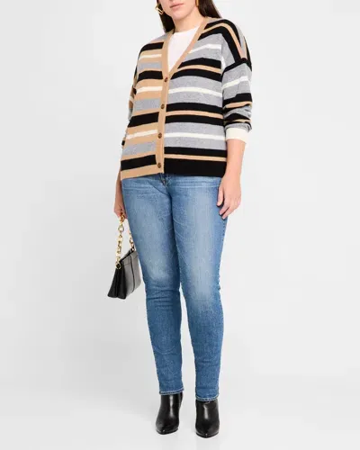 Minnie Rose Plus Size Striped Cashmere Cardigan In Neutral Combo