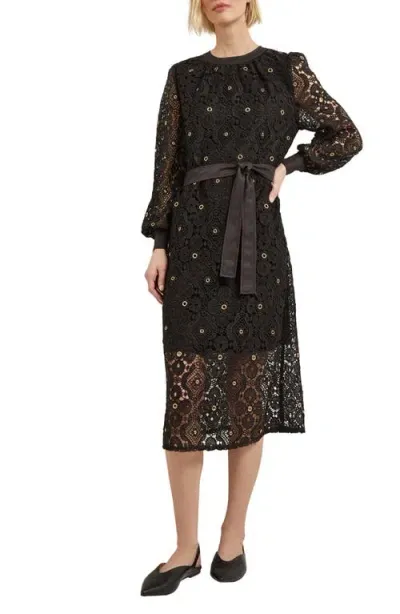 Misook Belted Long Sleeve Grommet Lace Midi Dress In Black