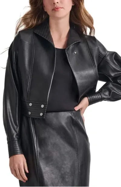 Misook Crop Faux Leather Moto Jacket In Black