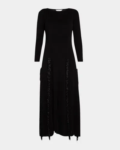 Misook Scoop-neck Bead Fringe Midi Dress In Black