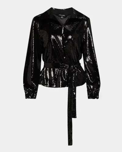 Misook Tie-waist Sequin Woven Shirt Jacket In Black