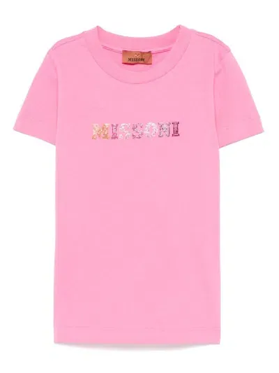 Missoni Kids' Rhinestone-logo T-shirt In Pink