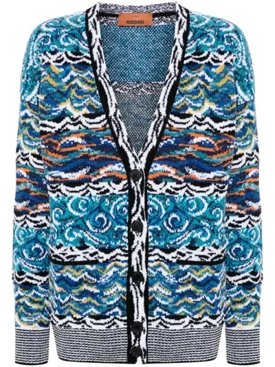 Missoni Wool And Cotton Blend V Necked Cardigan In Clear Blue