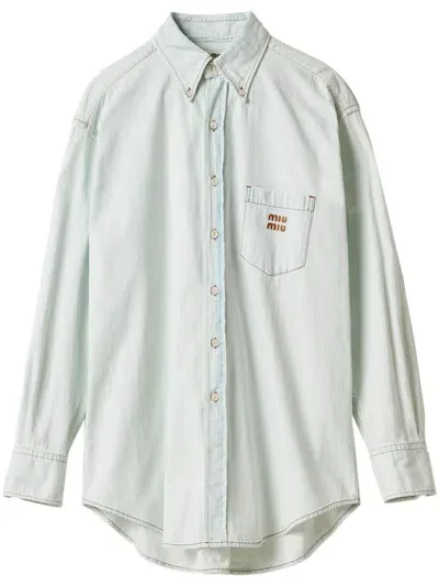 Miu Miu Logo-embroidered Chambray Denim Shirt In Blue