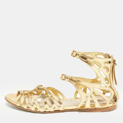 Pre-owned Miu Miu Gold Cut Out Leather Flat Sandals Size 36