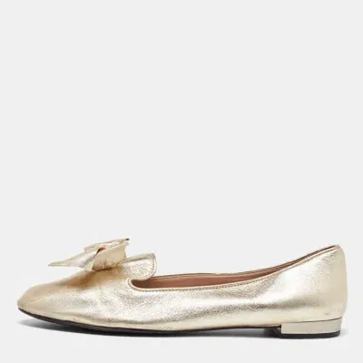 Pre-owned Miu Miu Gold Leather Bow Loafers Size 38.5