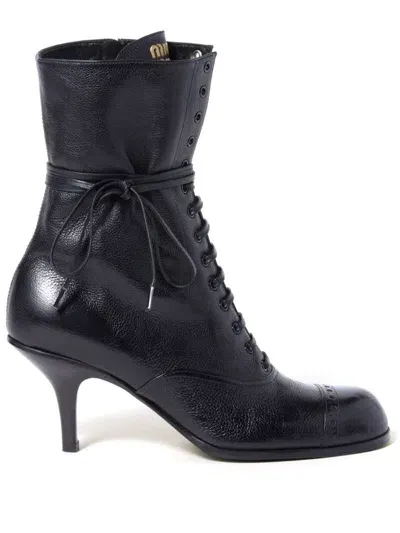 Miu Miu Laced-up Leather Stiletto Boots In Black