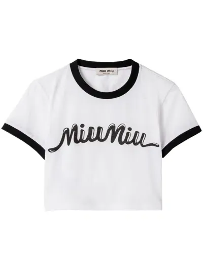 Miu Miu Striped Cropped Cotton Cardigan In Weiss