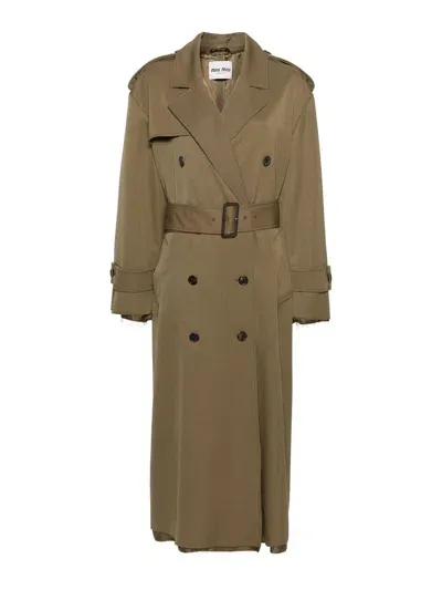 Miu Miu Raw-cut Maxi Trench Coat In Sughero