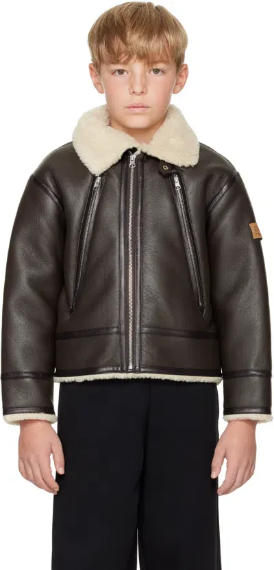 Mm6 Maison Margiela Kids Brown Zip Faux-shearling Jacket In M6706