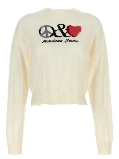 Mo5ch1no Jeans Logo Intarsia Sweater In White