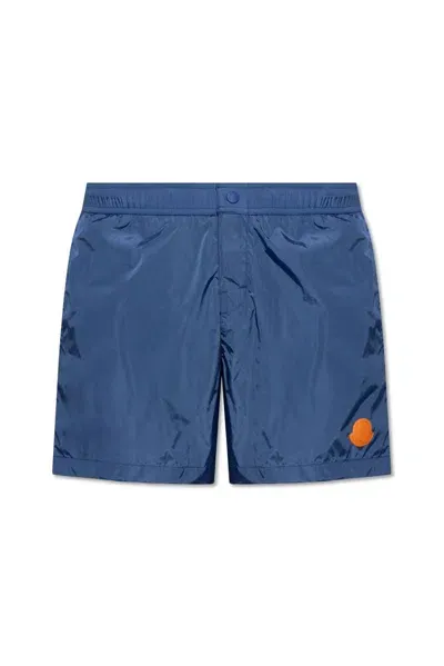 Moncler Button Detailed Logo Patch Swim Shorts In Blue