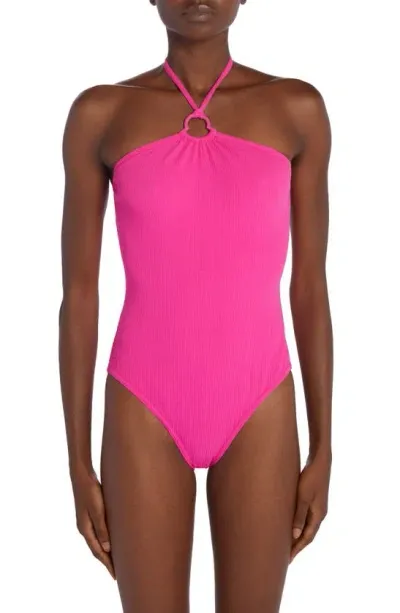 Moncler Ribbed Halter One-piece Swimsuit In Pink