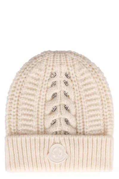 Moncler Knitted Wool Beanie Hat In Neutral