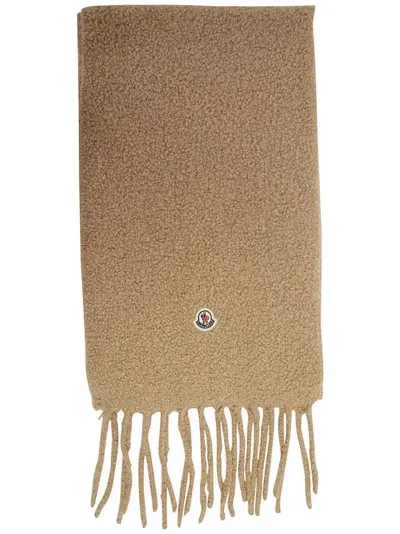 Moncler Logo-appliqué Brushed Scarf In Brown